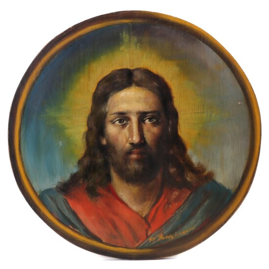 Frank Lardieri Folk Art Portrait Oil Painting of Jesus Christ, Circa 1970