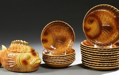 French Majolica Nineteen Piece Fish Set, 20th c., by