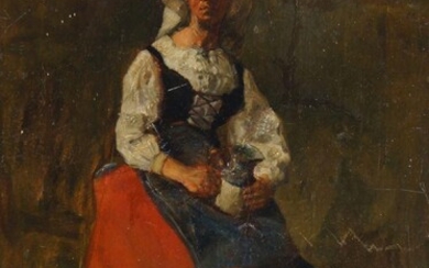 French School, mid/late-19th century- Study of a Breton woman seated full-length turned to the right holding a jug; oil on canvas, 50 x 36 cm (unframed)