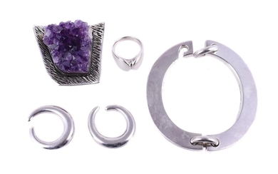GEORG JENSEN, A SILVER COLOURED RING; AND OTHER SILVER COLOURED JEWELLEY