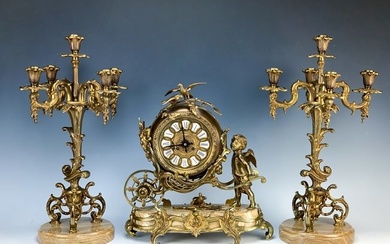 Gilt Bronze Figural Clock Garniture w Cherub