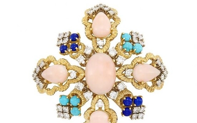 Gold, Angel Skin Coral, Lapis, Turquoise and Diamond Clip-Brooch