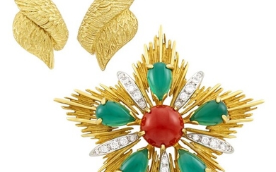 Gold, Coral, Green Onyx and Diamond Maltese Cross Clip-Brooch and Pair of Gold Earclips