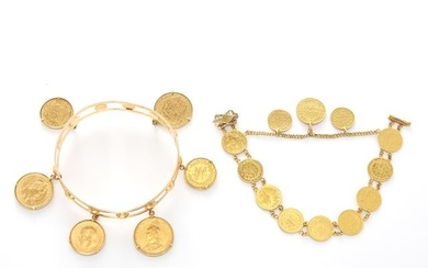 Gold and Gold Coin Bracelet and Bangle Bracelet