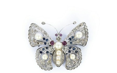 Gold pin with diamonds, rubies, sapphires and pearls