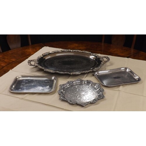 Good large silver plated engraved twin-handled serving tray,...