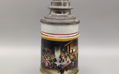 HAND PAINTED LITHOPHANE JUG WITH TIN LID - EARLY 20TH CENTURY.