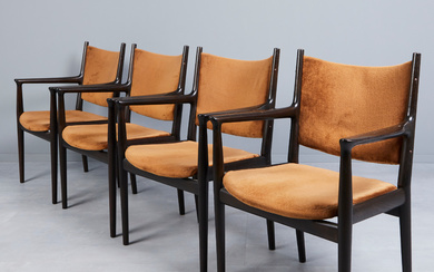 HANS J. WEGNER. Johannes Hansen, four chairs/dining room chairs, model 'JH 513', dark stained oak, fabric, 1960s, Denmark (4).