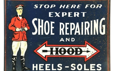 HOOD HEELS & SOLES TIN FLANGE SIGN W/ FLAGMAN GRAPHIC.