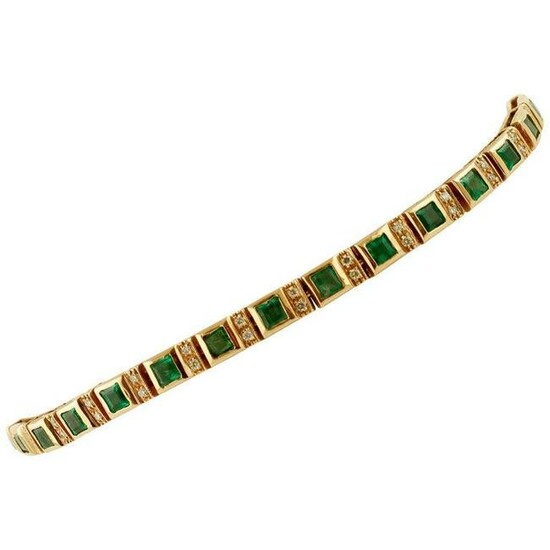Handcrafted Link Tennis Bracelet Diamonds, Emeralds, 14