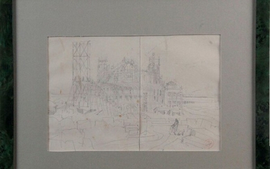 Henri Louis SCOTT (1846-1884) The construction site of the Trocadero Palace for the Universal Exhibition of 1878. Pencil lead drawing on two sheets, with hidden red oval " vente SCOTT " 31 x 20 cm (Stains)