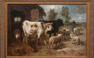 Henry Schouten (Belgian, 1857/64-1927), "Cattle in Farmyard," H.- 16 in., W.- 23 3/4 in., Framed