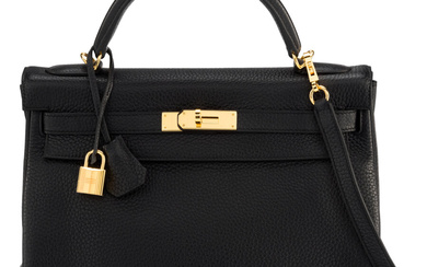 Hermès 32cm Black Clemence Leather Kelly Retourne Bag with...