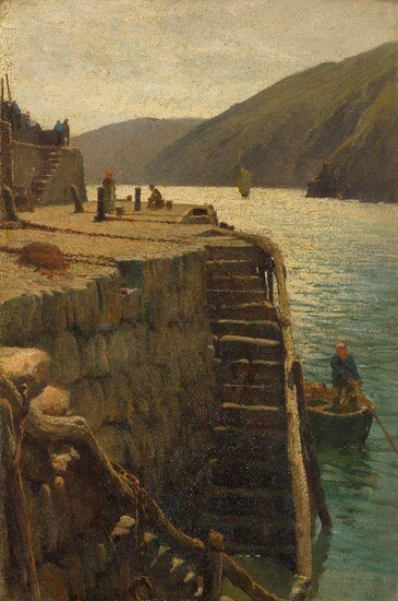 Horace Henry Cauty, British 1846-1909- Clovelly Pier, Morning; oil on canvas, bears old inscribed label 'Horace H. Cauty / 20 Gordon Place / Kensington W. / Clovelly Pier - Morning' attached to the reverse of the frame, 54 x 36 cm. Provenance:...