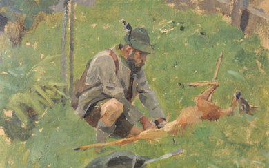 Hugo Engl (Lienz 1852 – Silz 1926) Cacciatore con cervo abbattuto;Olio su...