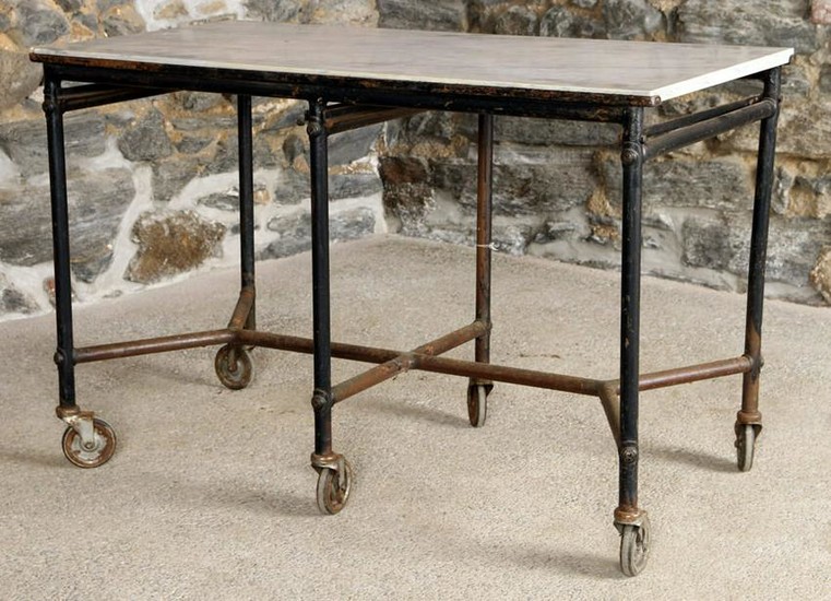 IRON AND MARBLE POTTING TABLE ON WHEELS C.1940