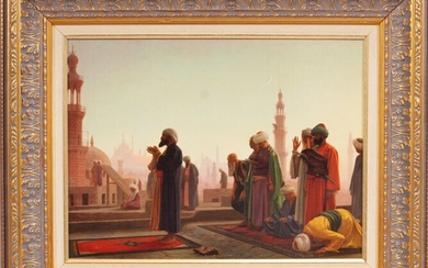 AFTER JEAN LEON GEROME PRINT ON BOARD, H 12" W 15" EVENING PRAYER, CAIRO