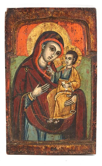 Icône Grecque Début XXème Vierge et enfant Huile sur panneau 30,5 x 19 cm
