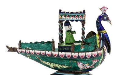 Indian Enameled Silver Peacock Vessel with Figure