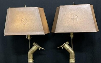 Industrial Steampunk Bronze Lamps, Leather Shades