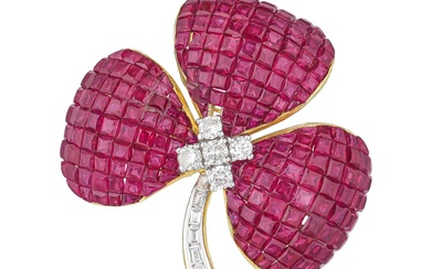 Invisibly Set Ruby Flower Pin
