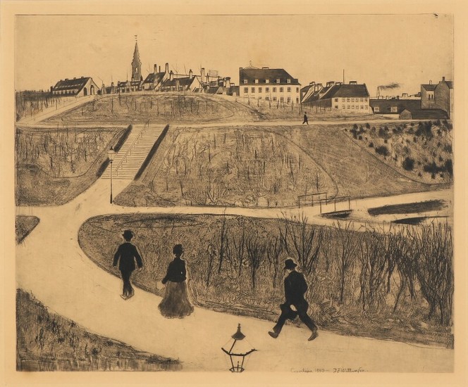 J. F. Willumsen: “Aborreparken”. Signed in the print Copenhague 1890 J.F. Willumsen. Etching. Visible size 49.5×60 cm.