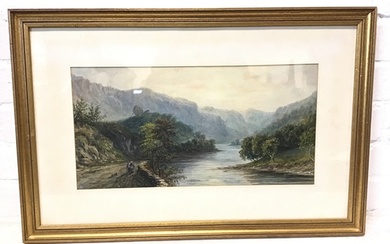 J Wallay? Victorian watercolour, river landscape with figures on road,...