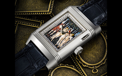 JAEGER-LECOULTRE. A MAGNIFICENT AND EXTREMELY RARE PLATINUM REVERSIBLE WRISTWATCH WITH ENAMEL DIAL DEPICTING PRIMAVERA BY BOTTICELLI REVERSO A ECLIPSES ‘FAMOUS NUDES’ MODEL, REF. 246.6.79