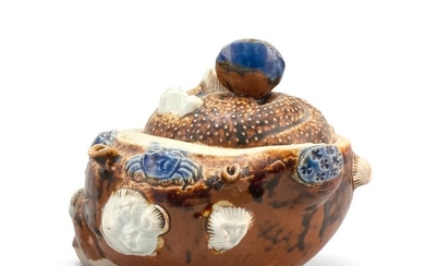 JAPANESE BROWN, BLUE AND WHITE HIRADO PORCELAIN JAR In shell form, accented with crabs, barnacles and other shells. One open shell c...