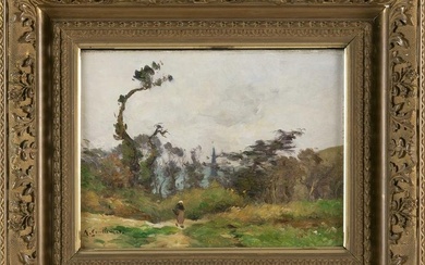 JEAN BAPTISTE ANTOINE GUILLEMET (France, 1843-1918), "Walking Along the Path"., Oil on canvas, 9.75"
