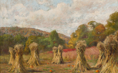 JONAS JOSEPH LAVALLEY Autumn Landscape, Field with Haystacks and Pumpkins. Oil on board,...