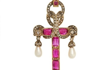 JOSEPH CHAUMET, AN ANTIQUE RUBY, DIAMOND AND PEARL CROSS PENDANT in yellow gold, the pendant