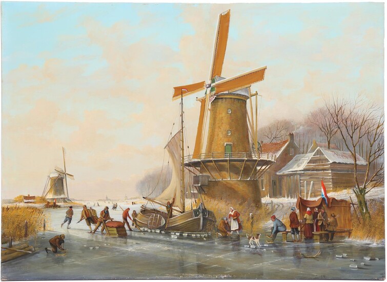 Jan van der Meer (1942-), Dutch winter landscape with ice fun at...