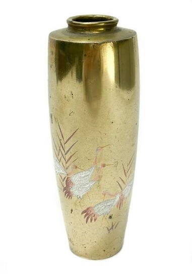 Japanese Gilt Bronze Silver Inlaid Vase, Meiji Period.