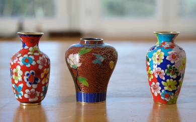 Japanese cloisonné vases, three miniature enamel vases, different colours.
