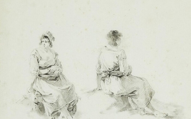 Jean-Baptiste Pillement, French 1728-1808- Two sheets of studies of seated female figures; each pencil and black chalk on blue/green coloured paper, each bears lettering (lower left), possibly the artist's initials, each 20 x 25 cm., two (2)...