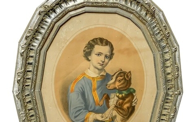 Jeune homme avec chien Impression ancienne Ed. Gust. May Frankfurt (1850-1870). Cadre en feuille d'argent...