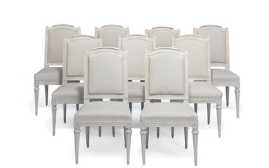 NOT SOLD. Johan Lindgren: A set of ten Gustavian painted dining chairs. Seven of the chairs stamped 'ILG'. Stockholm, late 18th century. (10) – Bruun Rasmussen Auctioneers of Fine Art
