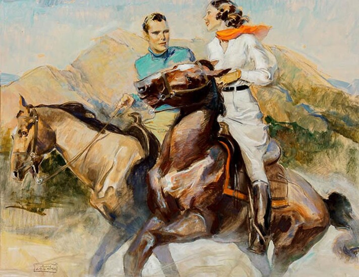 John LaGatta (Italian/Am.1894-1977), Illustration of Man and Woman on Horseback, Mixed Media on Paper Mounted on Board, 27 x 35 inches