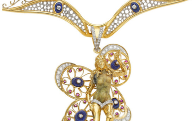 John R. Lowrey Diamond, Multi-Stone, Platinum, Gold Pendant-Necklace Stones:...