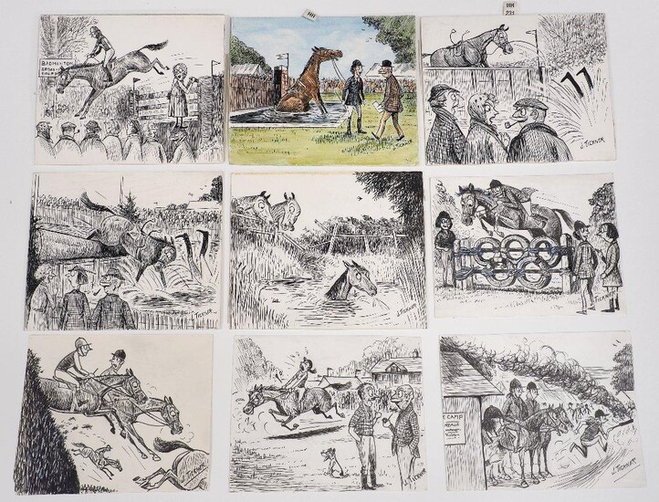 John Tickner, British 1913-1997- She's Winning! There's no sign of the rest of the field; pen and black ink, original illustration for Horse and Hound, 19th April 1985, 15 x 18 cm: together with seven other similar drawings in pen and black ink by...