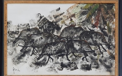 L. P Dean "Grazing, 1979" oil on canvas on board, 58 x 89 cm (frame: 71 x 103 x 4 cm), signed and dated lower right