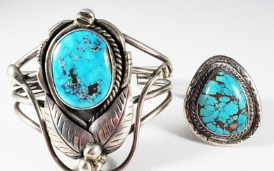 LADYS SILVER TURQUOISE CUFF & RING