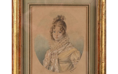 LAGRENÉE Anthelme-François. (1774-1832). «Portrait d’une élégante». Dessin avec rehauts d’aquarelle signé. H.15 L.11.