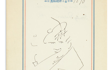 LAUDER, HENRY. Drawing Signed, self-caricature showing him wearing a Scottish bonnet and smoking...