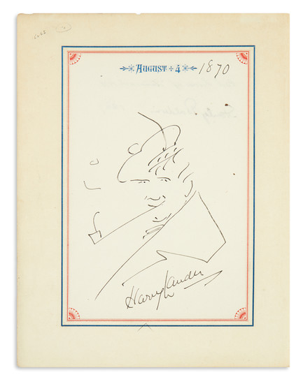 LAUDER, HENRY. Drawing Signed, self-caricature showing him wearing a Scottish bonnet and smoking...