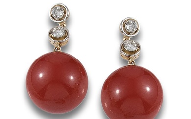 LONG DIAMOND AND CORAL EARRINGS, IN YELLOW AND WHITE GOLD