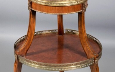 LOUIS XVI STYLE GILT METAL MOUNTED MAHOGANY PARQUETRY TWO-TIER TABLE