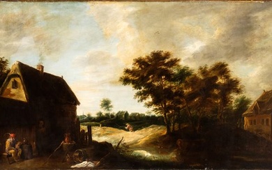 Landscape with houses and peasants, David Teniers Il Giovane (Anversa, 1610 - Bruxelles, 1690) Sphere of