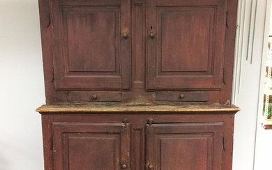 Large Country Red-painted Pine Two-part Paneled Cupboard